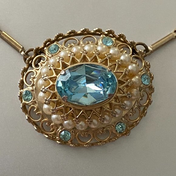 Vintage CORA Choker Necklace with Aquamarine Stone/Faux Pearls - Picture 2 of 3